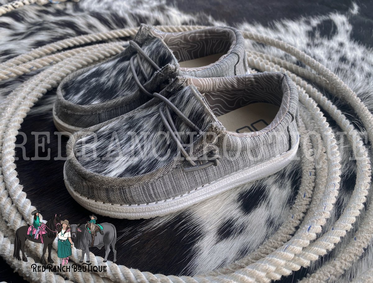 CUSTOM GENUINE COWHIDE HEY DUDE SHOES GREY BLKWHITE
